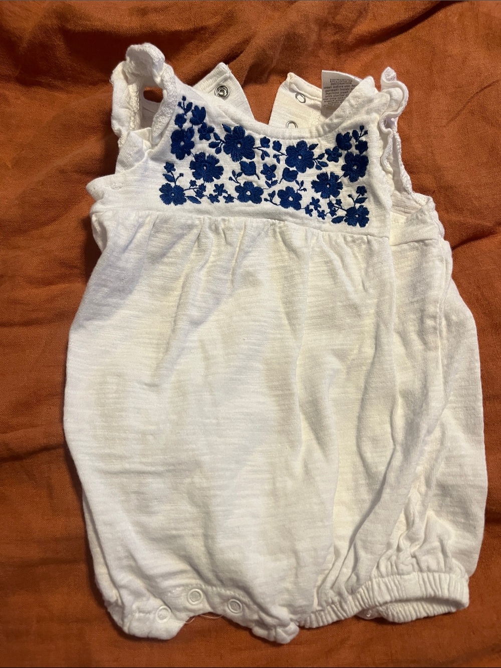 Starting Out White Romper with Blue Floral Embroidery